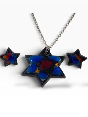 Vintage Ecco Sterling Star-Shaped Enamel Pendant Necklace & Earrings Set With Ha